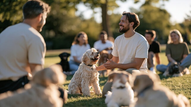 Trainer mit mehreren Hunden und ihren Menschen beim Gruppentraining im Park