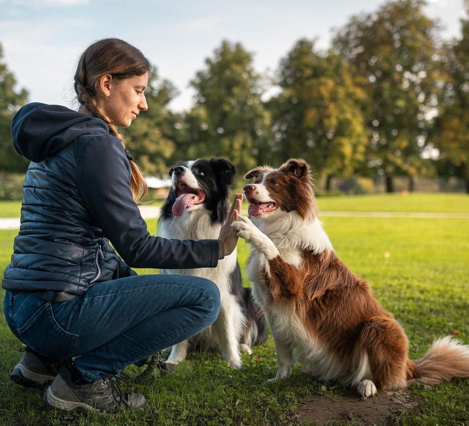 Trainerin gibt einem Border Collie High Five, daneben ein zweiter Hund