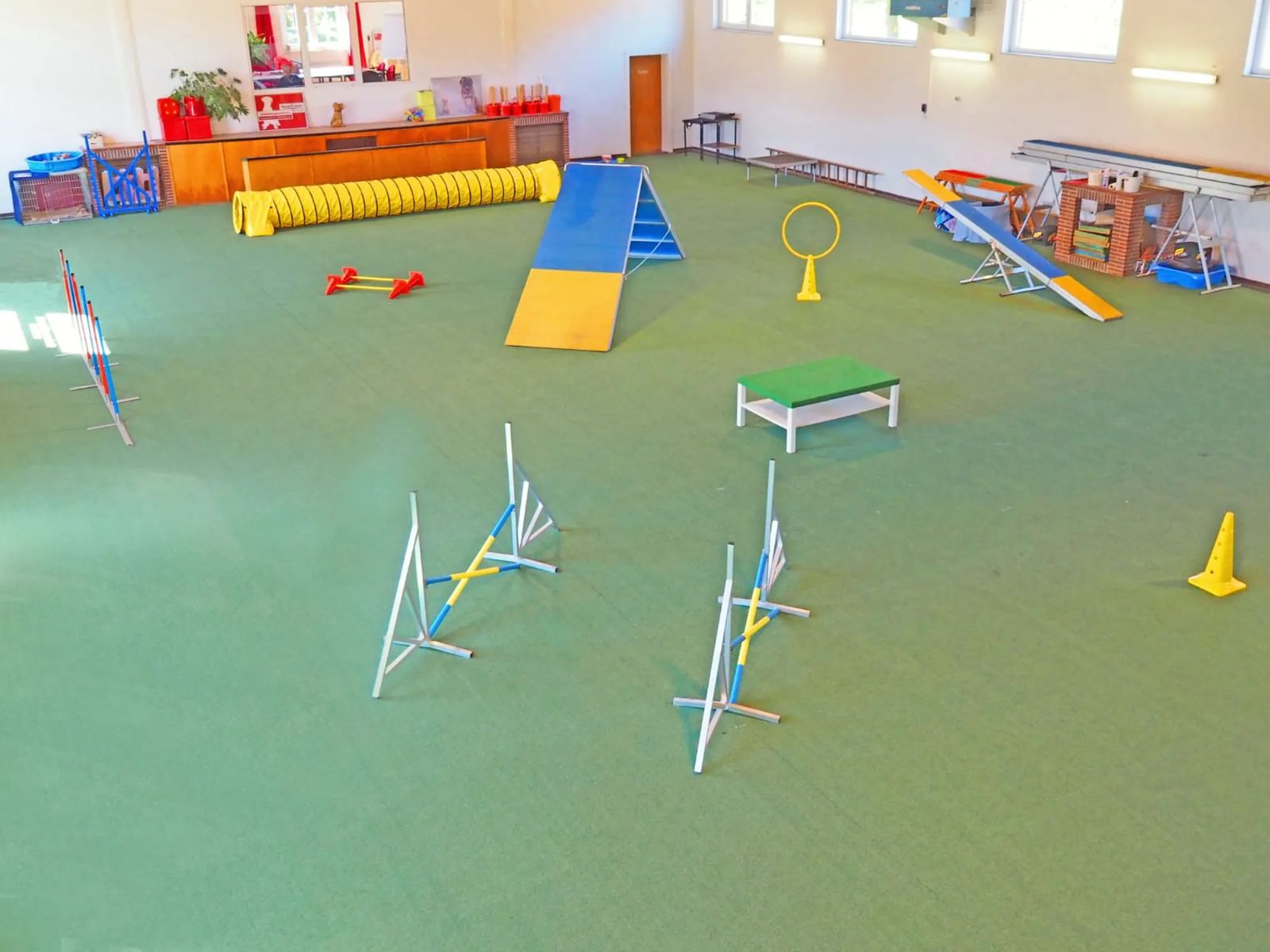 Blick über die Hallenfläche mit Tunnel, A-Wand, Wippe, Hürden und Slalom